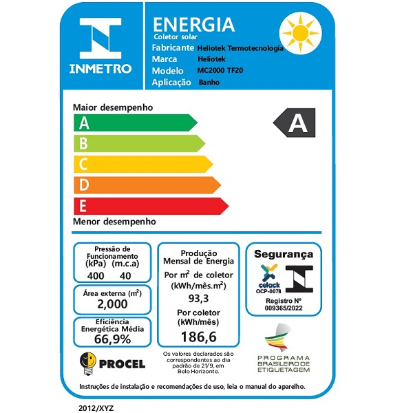 etiqueta inmetro de coletor solar MC 1300 TF20